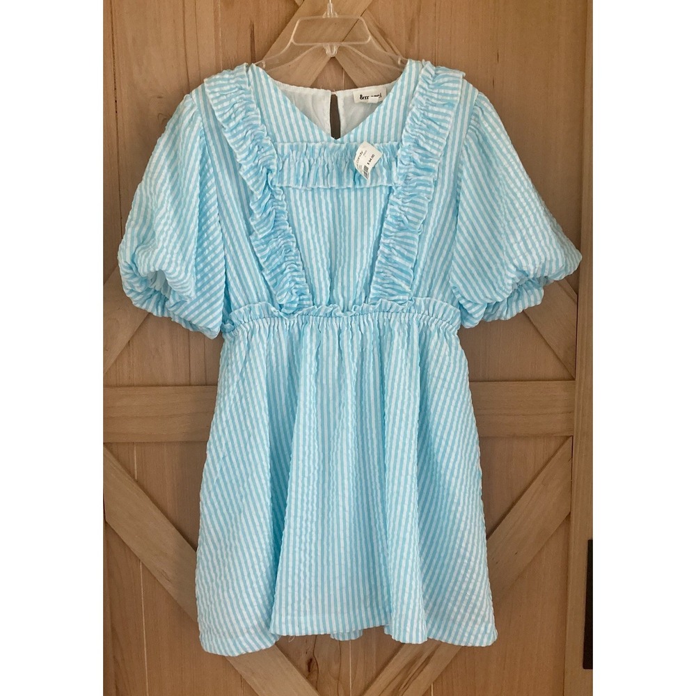 NWT Merci Aqua White Large Smock Ruffle Puff Sleeve Seersucker Dress Coastal - Picture 1 of 8
